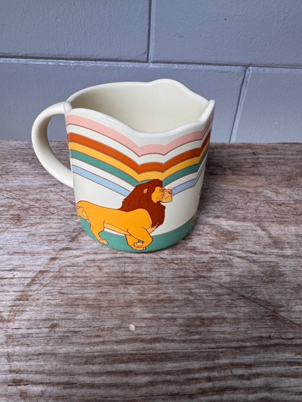 Disney Parks Lion King Mug Timon Pumbaa Zazu Colorful Striped Scalloped Rim